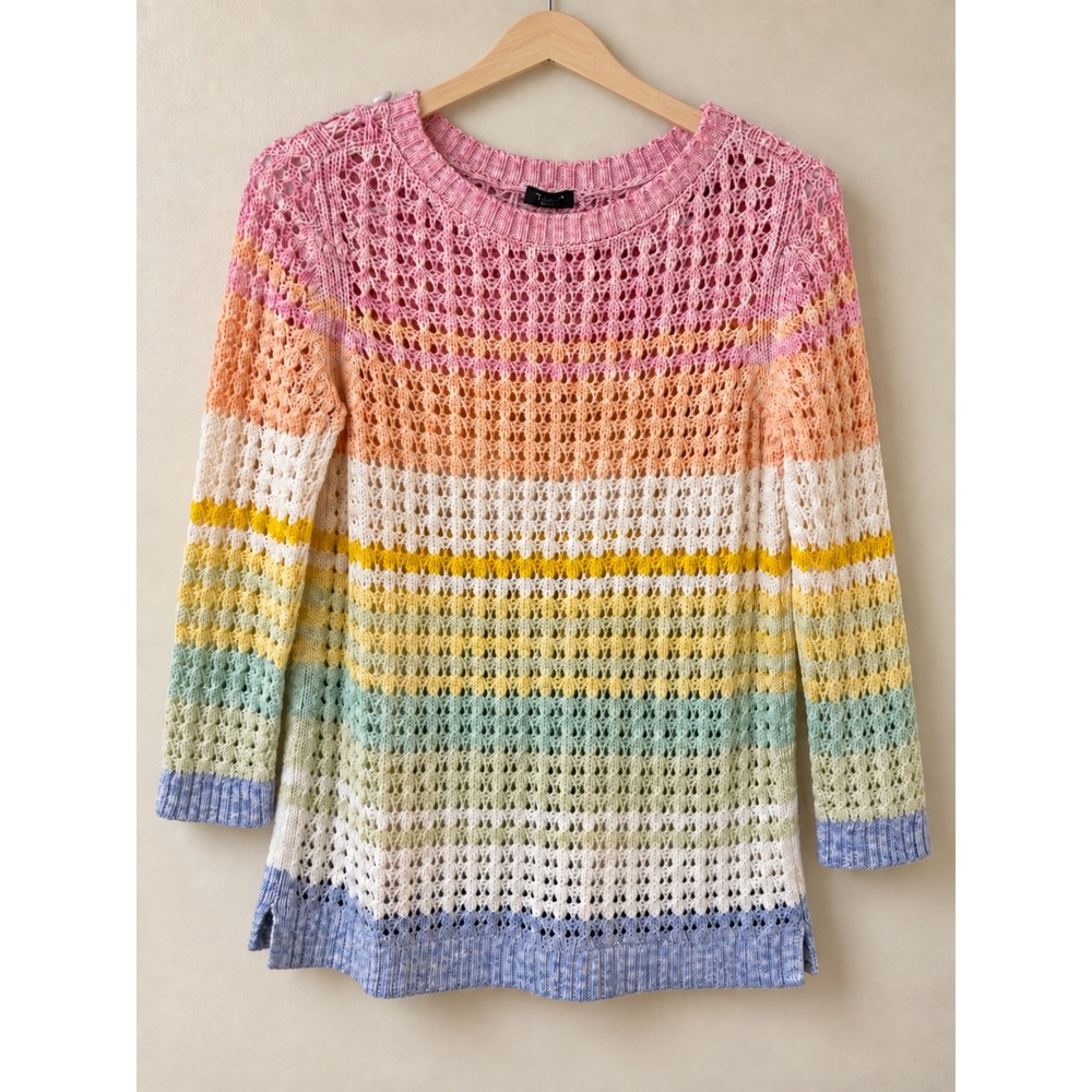 Talbots Petite SP Pastel Rainbow Striped Open Knit Cotton Sweater JO5161